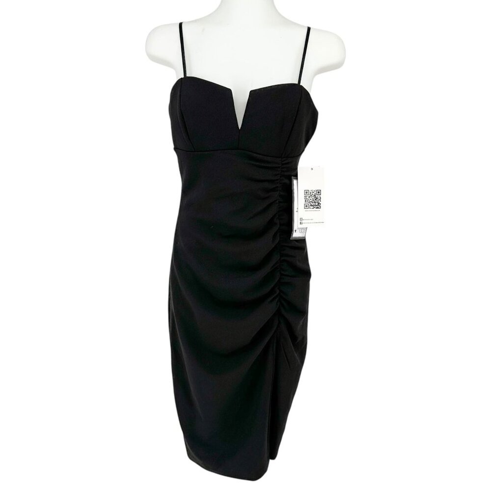 Emerald Sundae Midi Dress Small Black Ruched Notched Neckline Spaghetti Strap